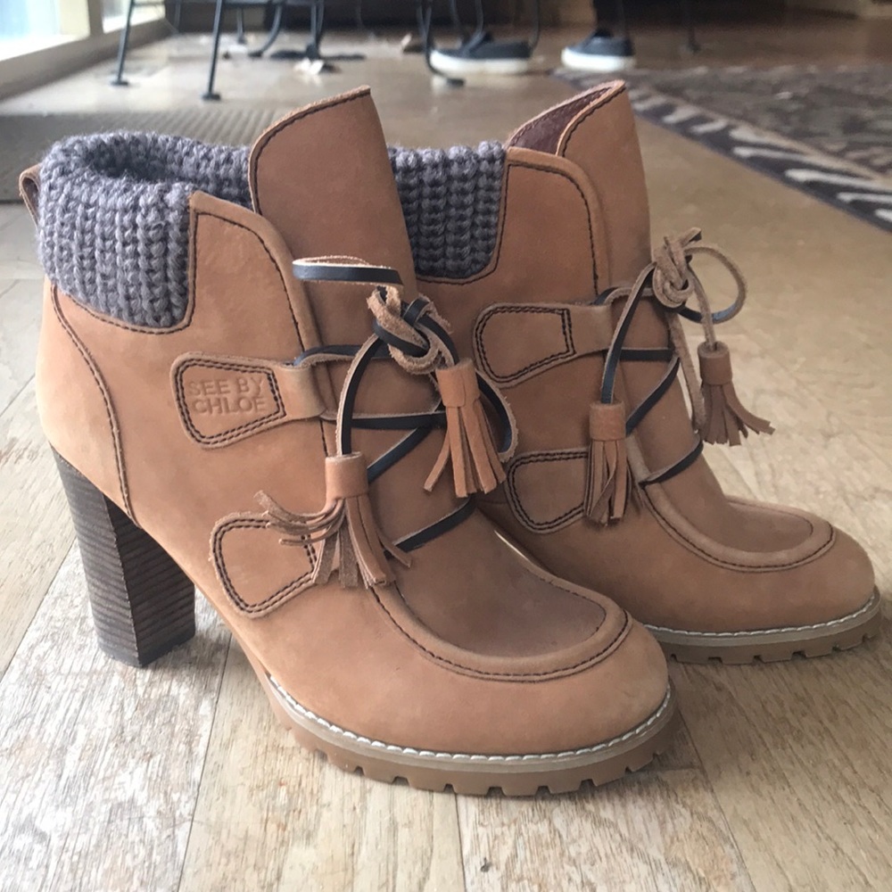 See by Chloe heeled biker boots.  Look new.